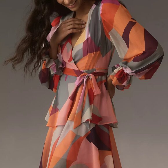 Hutch Geometric Print V-neck Tiered Wrap Maxi Dress - Picture 2 of 6